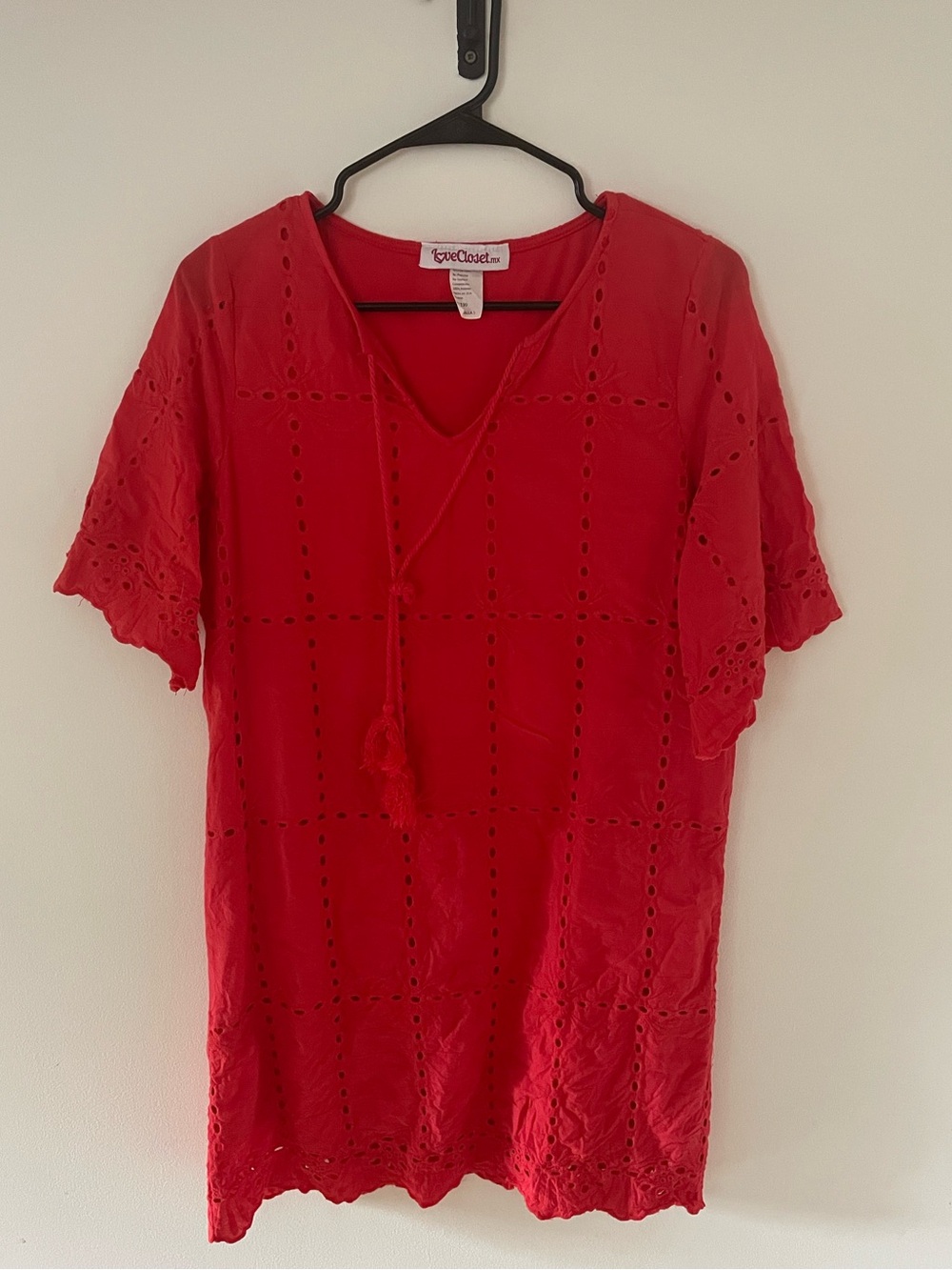 Red Eyelet Midi Dress with Tassel Tie